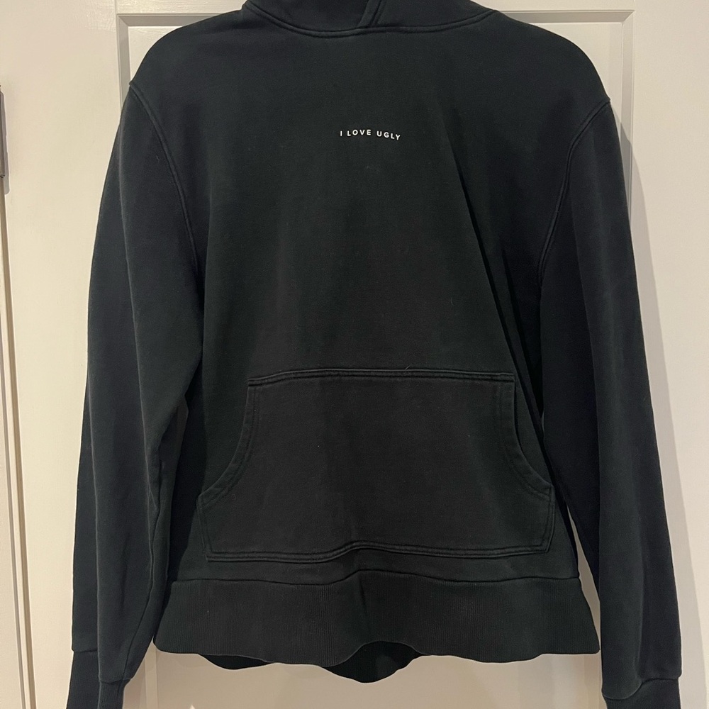 Men's Black Pullover Hoodie with 'I LOVE UGLY' Text